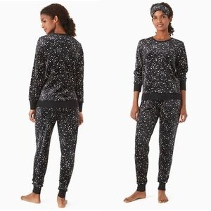 NWT Kate Spade Velour Jogger Pajama Set with Eyemask,  Black w/ Stars Print, S